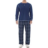 billiga Pyjamas-Herr Vardagsklädsel Sovkläder Pyjamas set Pyjamastopp och byxa 2 delar Rutig Stylish Ledigt Komfort Hem Dagligen Bomullsblandning Komfort Henley Långärmad T-shirt Byxa Snörning Elastisk midja Sommar