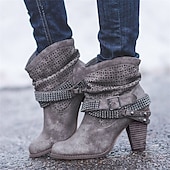 olcso Slouch Boots-női, szürke, domború bokacsizma szegecses pántokkal és kivágott dizájnnal – tökéletes alkalmi és bohó-sikkes ruhákhoz