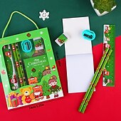 abordables fournitures de peinture, de dessin et d&#039;art-6 pièces/ensemble coffret cadeau de papeterie portable de noël contient 2 crayons 1 taille-crayon 1 gomme 1 règle 1 papier autocollant pour les élèves du primaire enfants apprenant le prix du cadeau