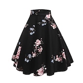 preiswerte Grafische Röcke-Damen Rock Ballettröckchen Vintage Modisch Brautkleider schlicht Knielang Hoher Taillenbund Röcke Blumen Rüschen Bedruckt Urlaub Strasse Pfingstrose auf schwarzem Hintergrund Winter Baumwolle