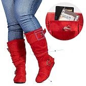 levne Slouch Boots-dámské široké boty do lýtek se skrytou kapsou – pohodlný široký šířkový štíhlý design s akcenty na přezku