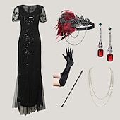 economico Abiti degli anni '20-Set Anni Ruggenti Anni 1920 Lunghezza alla caviglia Vestito Abito da sera Abiti con accessori Maniche corte Il grande Gatsby Charleston Invitato al matrimonio Piuma Scollo a V Costume Per donna