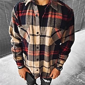 economico camicie di flanella-Per uomo Camicia Camicia di flanella Camicia a quadri Camicia con Bottoni Sopracamicia Giacca-camicia Quadri All&#039;aperto Abbigliamento quotidiano Nero Giallo Rosso Cachi Manica Lunga Bavero Autunno