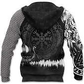 preiswerte Gothic &amp; Schädel-Herren Wikinger-Krieger Grafikdrucke Wikinger Kapuzensweatshirt Kapuzenshirts Pullover Täglich Klassisch Lässig Langarm Mit Kapuze Ferien Ausgehen Streetwear Schwarz Gelb Rote Blau Druck Frühling