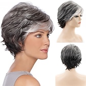 cheap Older Wigs-Short Grey Pixie Cut Wigs for Women layered Synthetic Hair Mixed Gray Wig with White Bangs Natural Wavy Wigs for Old Lady