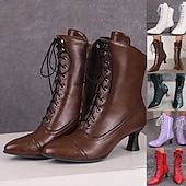cheap 1930s-Women&#039;s Victorian Lace-Up Ankle Boots – Retro Faux Leather Heeled Boots for Cosplay, Parties, and Daily Wear