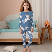 billiga Flickans 3D-tecknad film-Flickor 3D Enhörnings Pyjamasset Rosa Långärmad 3D-tryck Höst Vinter Aktiv Mode söt stil Barn 3-12 år Rund hals Hem Casual Inomhus Normal