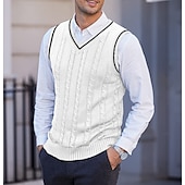 billige genser for menn-Herre Genser vest Pullover genser Kjole genser Kabel Strikke Glimmer Multi Layer Helfarge V-hals Etnisk stil Gammeldags stil Daglig Klær Drop Shoulder Vår Høst Svart Hvit S M L