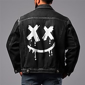 cheap Men&#039;s Graphic Jackets &amp; Coats-Men&#039;s Graffiti Coat Jean Jacket Denim Jacket Breathable Comfortable Casual Sports &amp; Outdoor Going out Weekend Buttons Print Fall &amp; Winter Turndown Long Sleeve Black Blue