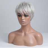 preiswerte Kappenlose Echthaarperücken-Echthaarmischung Perücke Kurz Glatt Natürlich gerade Pixie-Schnitt Seitenteil Stufenhaarschnitt Asymmetrischer Haarschnitt Weiß Braun Cosplay Lockenwickler &amp; Richtmaschine Natürlicher Haaransatz