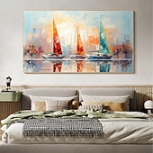 abordables Peintures paysages-peinture à l&#039;huile faite à la main toile mur art décor original voilier coloré en entier pour la décoration intérieure avec cadre étiré sans peinture de cadre intérieur