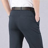 cheap Slim-Men&#039;s Dress Pants Trousers Casual Pants Pocket Elastic Waist Straight Leg Plain Stretch Wedding Office Business Stylish Formal Black Wine High Waist Micro-elastic