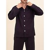 billiga Pyjamas-Herr Vardagsklädsel Sovkläder Pyjamas set Pyjamastopp och byxa 2 delar Rand Stylish Ledigt Komfort Hem Dagligen Polyester Komfort Kavajslag Långärmad Skjorta Byxa Snörning Elastisk midja Vår Höst