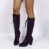 cheap Fashion Boots-Women&#039;s Black Lace-Up Knee-High Boots with Block Heels - Elegant and Edgy for Fall and Winter, Ideal for Casual Wear, Parties, and Nights Out