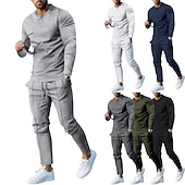 billiga Set med herr-T-shirts-Herr Henleytröja T-shirtkostymer Träningsoverall Tennisskjorta Långärmad Henley Vår &amp; Höst Slät Gymnastik Ledigt 2 st Semester Dagliga kläder Sportkläder Svart Vit Marinblå Topp t-shirt för män