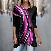 abordables Tuniques-T-shirt Tunique Femme Géométrique Basic Manches Longues Col Rond Longs Hauts Quotidien Week-end Imprimé Tunique Fluide Rose Bleu Violet Vert Gris Printemps  Automne