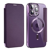 abordables Coques iPhone-Coque de téléphone MagSafe avec dos transparent et fente pour carte – couvercle rétro cuir PU pour iPhone 16e 16 15 Pro Max Plus 14 13 12 11