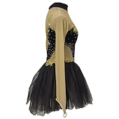 お買い得  フィギュアスケートドレス-フィギュアスケート ドレス 女性用 女の子 アイススケート ドレス ブラック + 黄金 パッチワーク 指穴付き メッシュ スパンデックス 伸縮性あり 訓練 レッスン用 プロフェッショナル スケートウェア クリスタル・ラインストーン 長袖 フィギュアスケート