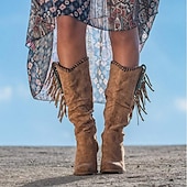 levne Cowboy &amp; Western Boots-dámské retro třásňové semišové kozačky ve westernovém stylu - hnědé kozačky na podpatku do půl lýtek pro ležérní a boho outfity