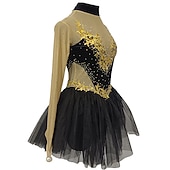 お買い得  フィギュアスケートドレス-フィギュアスケート ドレス 女性用 女の子 アイススケート ドレス ブラック + 黄金 パッチワーク 指穴付き メッシュ スパンデックス 伸縮性あり 訓練 レッスン用 プロフェッショナル スケートウェア クリスタル・ラインストーン 長袖 フィギュアスケート