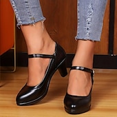 Χαμηλού Κόστους Block Heels-γυναικεία μαύρα ψεύτικο δέρμα mary jane pumps - άνετα παπούτσια με μεσαίο τακούνι με ρυθμιζόμενο λουράκι για γραφείο ή casual