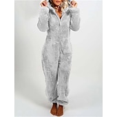 billiga Sovkläder-pyjamas med huva i ett stycke för kvinnor enfärgad röd plysch fleece långärmad vintersovkläder mysiga hemkläder passar hemkläder