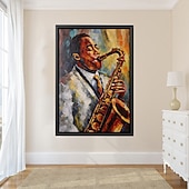 preiswerte Gemälde mit Menschen-Handgefertigtes Jazz-Figurengemälde, modernes, feines Kunstwerk, die neueste Hoteldekoration, handgemaltes Musiker-Jazzspieler-Ölgemälde, Wandkunst, Studio-Dekor, Geschenk für Dekor, gerollte Leinwand