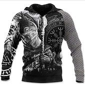 preiswerte Gothic &amp; Schädel-Herren Wikinger-Krieger Grafikdrucke Wikinger Kapuzensweatshirt Kapuzenshirts Pullover Täglich Klassisch Lässig Langarm Mit Kapuze Ferien Ausgehen Streetwear Schwarz Gelb Rote Blau Druck Frühling