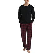billiga Pyjamas-Herr Vardagsklädsel Sovkläder Pyjamas set Pyjamastopp och byxa 2 delar Rutig Stylish Ledigt Komfort Hem Dagligen Bomullsblandning Komfort Rund hals Långärmad T-shirt Byxa Snörning Elastisk midja
