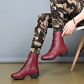 levne Taneční boty-dámské červené šněrovací kožené taneční boty s bočním zipem, pohodlné a stylové pro různé taneční styly, perfektní na vystoupení a zkoušky