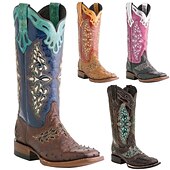 cheap Cowboy &amp; Western Boots-Women&#039;s Pink and Black Faux Leather Western Cowboy Boots with Intricate Embroidery - Knee-High Rodeo Boots for Country and Festival Wear