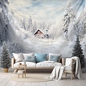 billige Skogteppe-hengende billedvev vinter eventyrland snø skog veggkunst stor billedvev veggmaleri dekor fotografi bakteppe teppe gardin hjem soverom stue dekorasjon