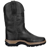 billiga Cowboy &amp; Western Boots-cowboyarbetsstövlar med präglade amerikansk flagga för män - slitstarka bruna västernstövlar i konstläder med robust sula för utomhus- och fritidskläder