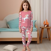 billiga Flickans 3D-tecknad film-Flickor 3D Enhörnings Pyjamasset Rosa Långärmad 3D-tryck Höst Vinter Aktiv Mode söt stil Barn 3-12 år Rund hals Hem Casual Inomhus Normal