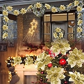 olcso Koszorúk, Girlandok és Díszek-50db piros mikulásvirág műkarácsonyi dekor, csillogó mikulásvirág karácsonyfa virágdísz, barkácsolt karácsonyi koszorú dekor