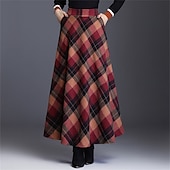 olcso Szoknyák-Női Szoknya A-vonalú Hinta Kockás szoknya Elegáns Divat Maxi Magas derék Szoknyák Kockás Zseb Nyomtatott Vakáció Utca Rubin Kék Zöld Khakizöld Tél Poliészter