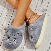 ieftine Flip-Flops de Damă-papuci de pisică de pluș pentru femei - papuci confortabili de interior cu blană, cu urechi drăguțe și broderie pentru îmbrăcăminte de iarnă acasă