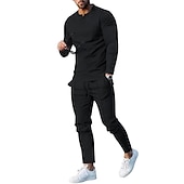 billiga Set med herr-T-shirts-Herr Henleytröja T-shirtkostymer Träningsoverall Tennisskjorta Långärmad Henley Vår &amp; Höst Slät Gymnastik Ledigt 2 st Semester Dagliga kläder Sportkläder Svart Vit Marinblå Topp t-shirt för män
