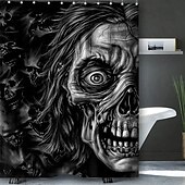 baratos Cortinas de chuveiro de Halloween-Cortina de chuveiro de terror de Halloween com ganchos para cortina de chuveiro de banheiro conjunto de decoração de banheiro de poliéster à prova d&#039;água 12 pacotes de ganchos de plástico decoração de