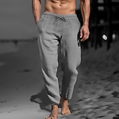 cheap Holiday-Men&#039;s Linen Pants Trousers Summer Pants Beach Pants Pocket Drawstring Elastic Waist Plain Comfort Soft Daily Weekend Streetwear Casual Black White Micro-elastic