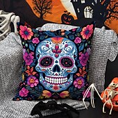levne Halloween ložnice-Halloweenský povlak na polštář z obou stran 1ks lebka den mrtvých měkký dekorativní čtvercový potah na polštář povlak na polštář pro ložnici obývací pokoj pohovku židli dekorace
