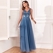 preiswerte Abendkleider-A-Linie Abendkleid Elegant Kleid Abendgesellschaft Abschlussball Bodenlang Ärmellos V Ausschnitt Gürtel / Schärpe Tüll V-Ausschnitt mit Glitzer Stickerei 2025