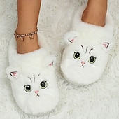 ieftine Flip-Flops de Damă-papuci de pisică de pluș pentru femei - papuci confortabili de interior cu blană, cu urechi drăguțe și broderie pentru îmbrăcăminte de iarnă acasă