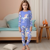 billiga Flickans 3D-tecknad film-Flickor 3D Enhörnings Pyjamasset Rosa Långärmad 3D-tryck Höst Vinter Aktiv Mode söt stil Barn 3-12 år Rund hals Hem Casual Inomhus Normal