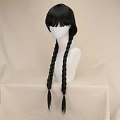 abordables Perruques de personnages de films-perruque synthétique mercredi droite avec 2 queues de cheval perruque fabriquée à la machine cheveux synthétiques longs noirs femmes doux naturel fête noir perruques d&#039;Halloween