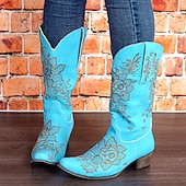cheap Cowboy &amp; Western Boots-Women&#039;s Brown Western Cowboy Boots with Intricate Black Floral Lace Embroidery - Ideal for Country Weddings, Rustic Events, and Western-Themed Parties