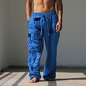 cheap Classic-Men&#039;s Graphic Prints Linen Pants Trousers Summer Pants Mid Waist Vintage Classic Style Casual Daily Holiday Drawstring Elastic Waist 3D Print Spring &amp; Summer 3D Print Blue Green Khaki
