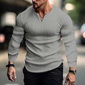 preiswerte Lässiges Henley-T-Shirt-Herren T Shirt Henley Shirt Geripptes Strick-T-Shirt T-Shirt langarmshirt Glatt Grubenstreifen V Ausschnitt Strasse Urlaub Langarm Bekleidung Modisch Designer Basic