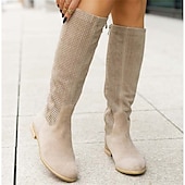 cheap Cowboy &amp; Western Boots-Women&#039;s Perforated Suede Knee-High Boots with Zipper - Stylish and Breathable Footwear for Casual Outings and Spring Fashion