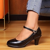 Χαμηλού Κόστους Block Heels-γυναικεία μαύρα ψεύτικο δέρμα mary jane pumps - άνετα παπούτσια με μεσαίο τακούνι με ρυθμιζόμενο λουράκι για γραφείο ή casual